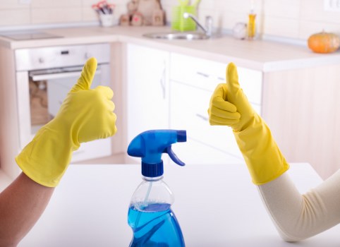 Cleaning products and protective equipment arranged safely