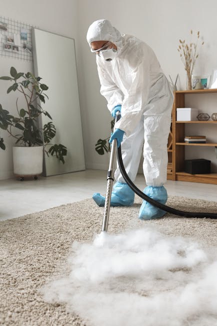 A cleaning technician from Bow Carpet Cleaners is performing emergency stain removal and deep cleaning of a light-colored carpet in a residential living room. The room features a beige fabric sofa wit